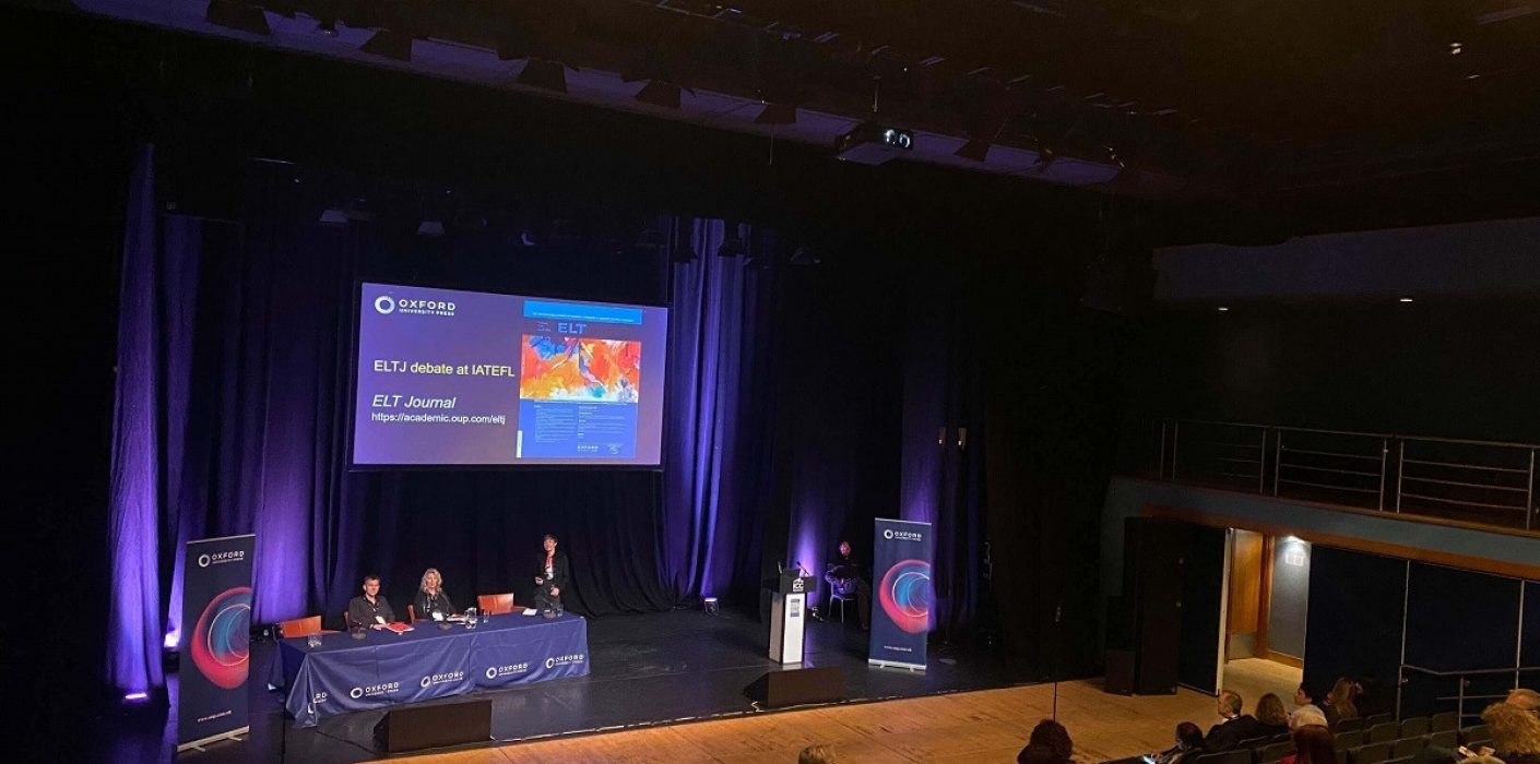 Depicts ICC Belfast studio set up theatre style with a panel of two on stage