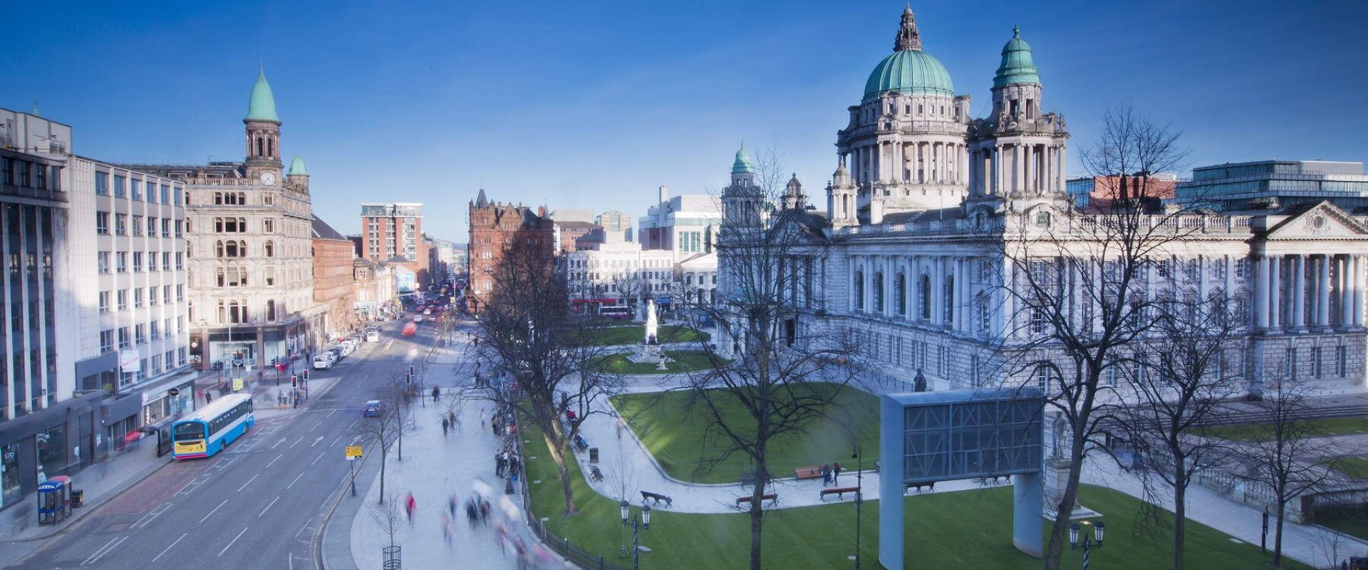 Aerial view of side of Belfast City Hall overlooking Donegall Square