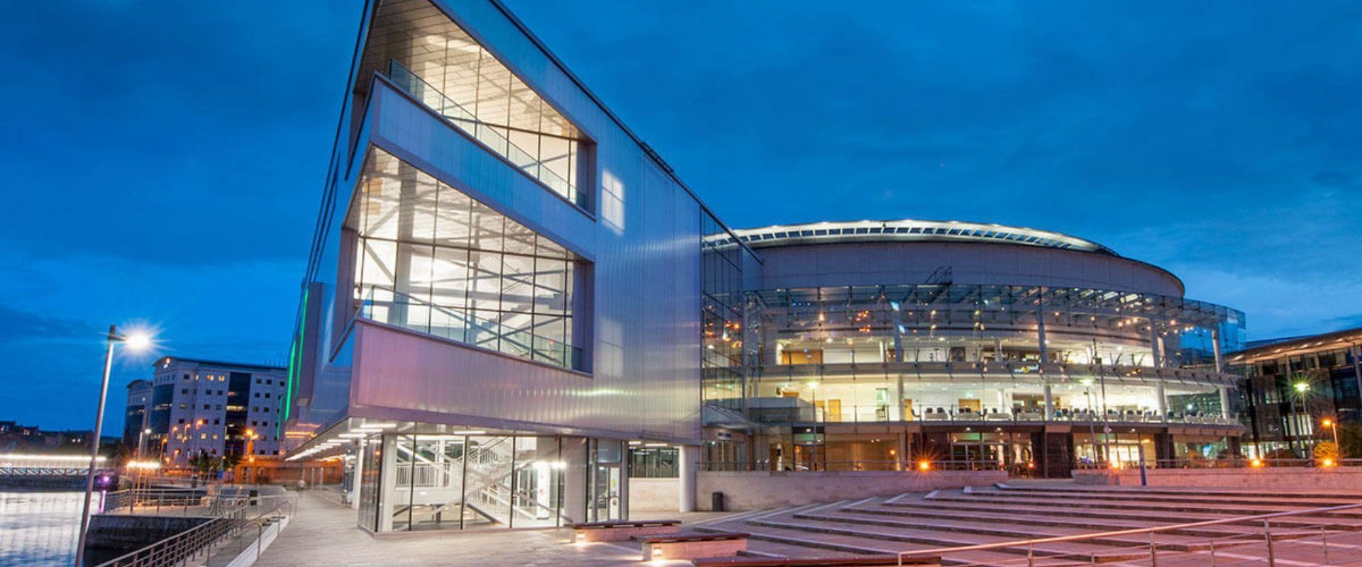 ICC Belfast exterior at dusk