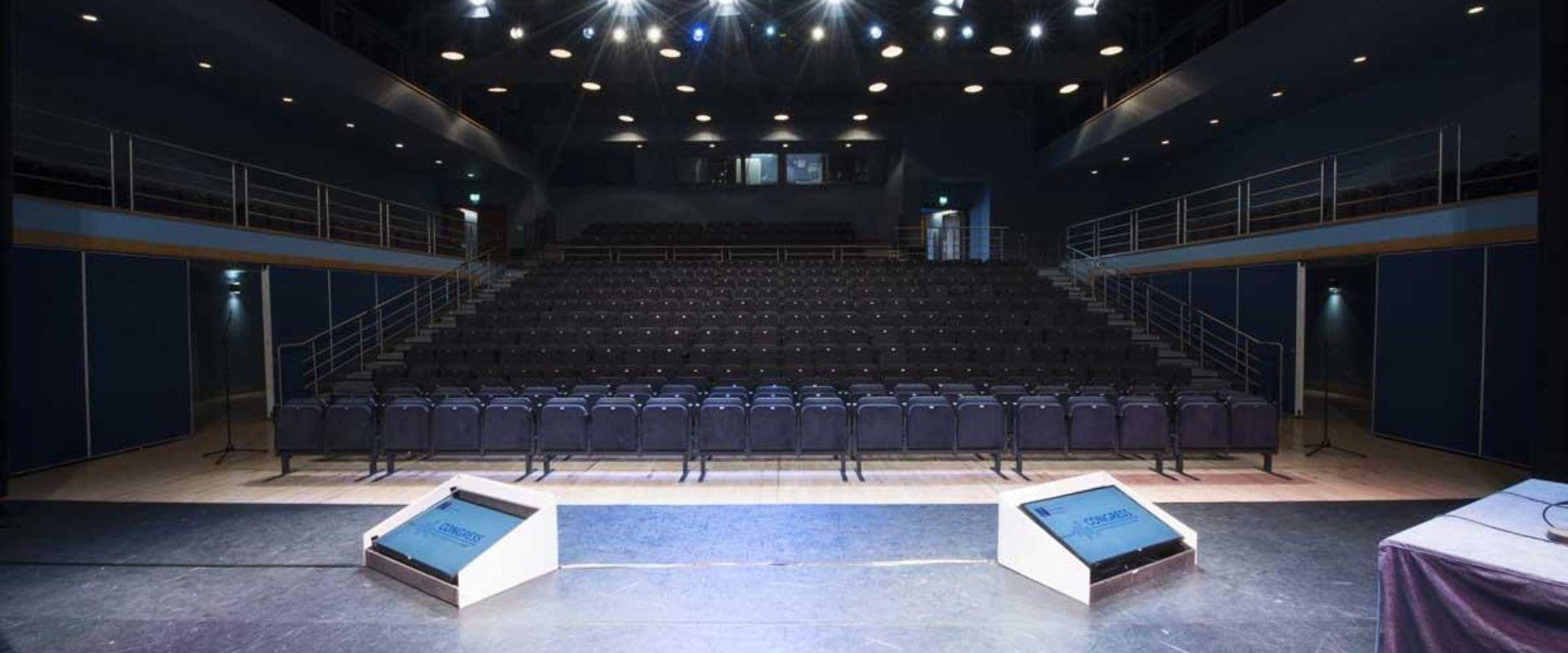 Waterfront Hall studio space, stage view of tiered theatre style seats