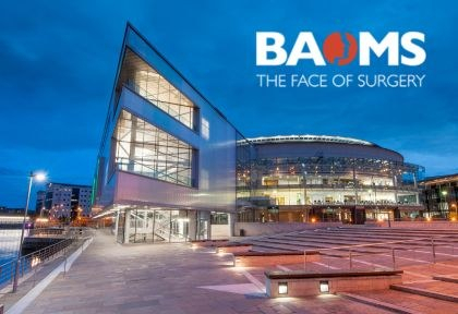 Image of ICC Belfast venue with BAOMS logo in right corner