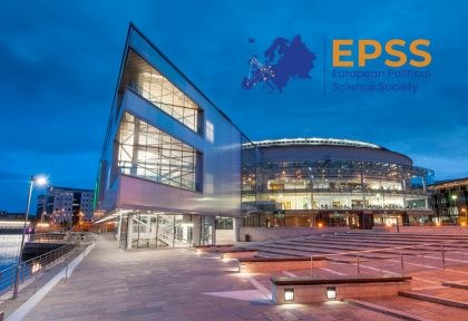 Image of ICC Belfast venue with European Political Science Society logo in right corner