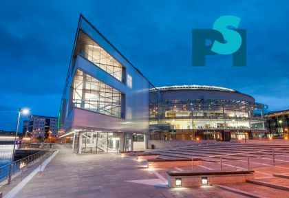 Image of ICC Belfast venue with Pharmaceutical Staticians Industry logo in right corner