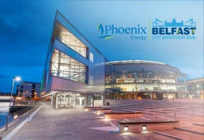 Image of ICC Belfast exterior venue with the Belfast City Marathon logo in top right corner