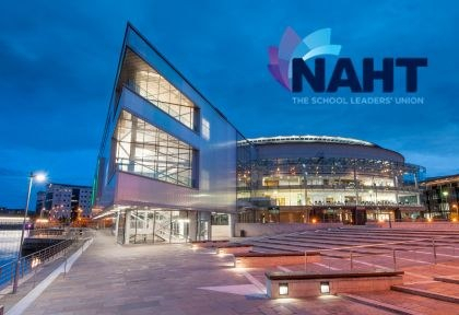Image of ICC Belfast venue with National Association of Head Teachers (NAHT) logo in right corner