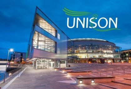 An image of ICC Belfast venue with logo in right corner