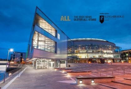 Image of ICC Belfast venue with The Irish News Ulster GAA All-Stars Awards logo