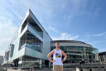 Daniel Warke pictured in front of ICC Belfast venue for Dementia NI fundraiser