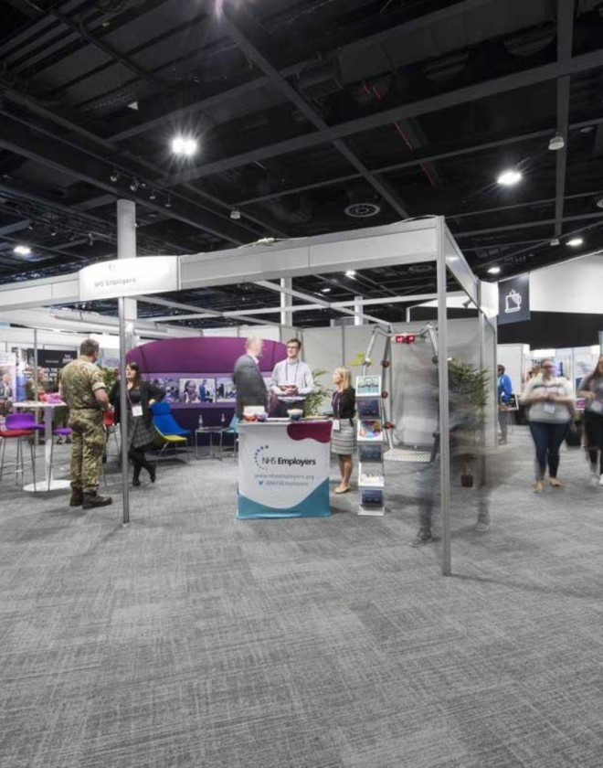 This image shows part of the exhibition in Hall 1D for Royal College of Nurses conference in May 2018.