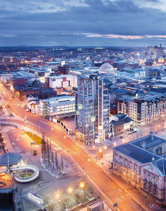 Overview of Belfast city in the evening.