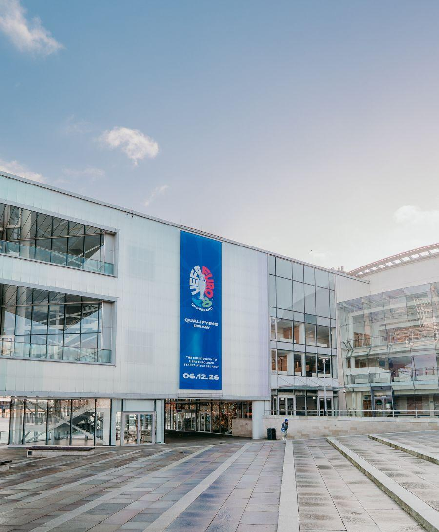 Exterior image of building with blue exterior banner on the side