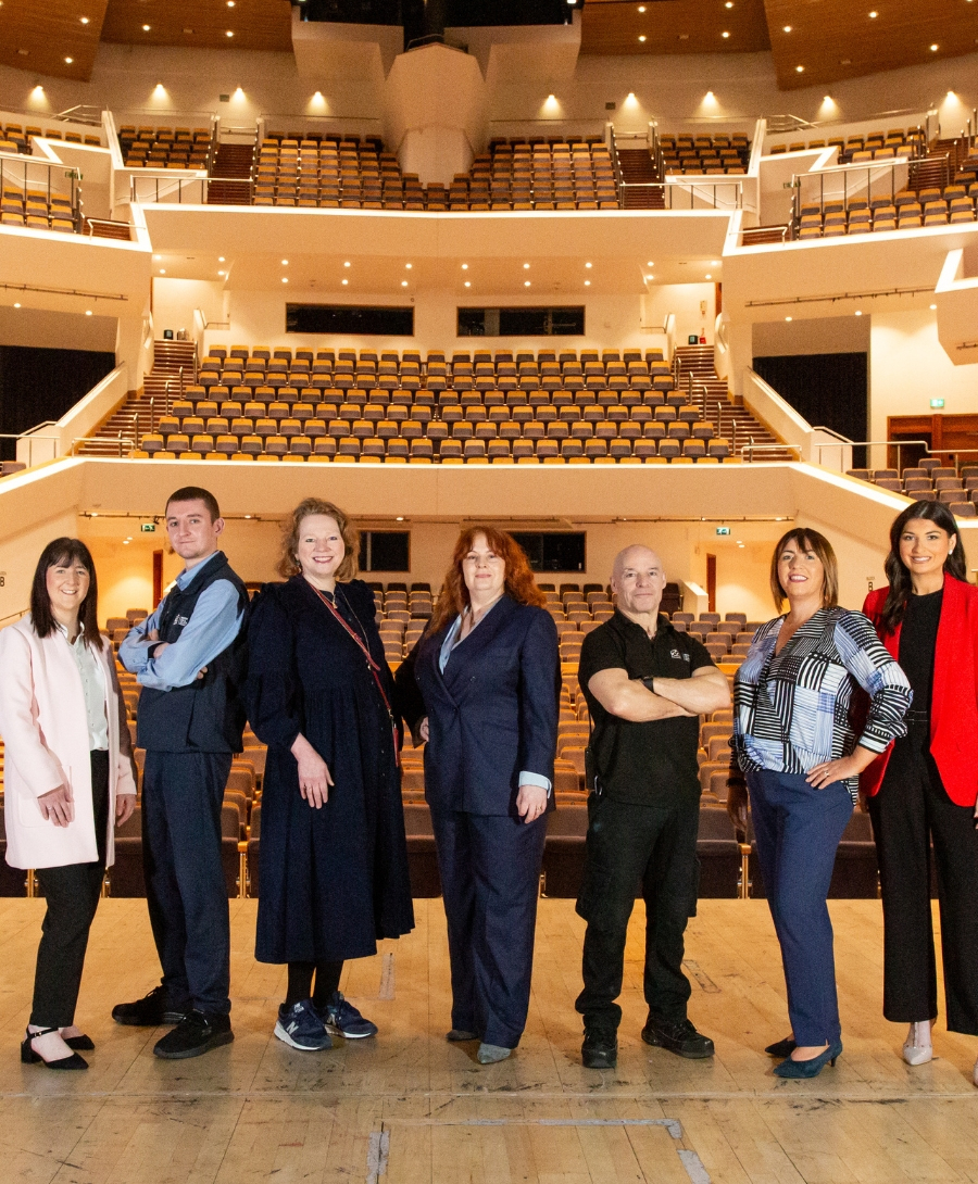 Phil Cole, Danielle Sheridan, Ruari MacMahon, Julia Corkey, Lisa McElherron, Tony McGuigan, Clare McCann and Ellen Farrell photographed in the Main Auditorium.