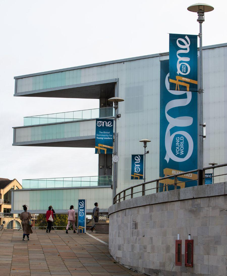 Exterior of ICC Belfast as delegates arrive for the One Young World Summit 2023.