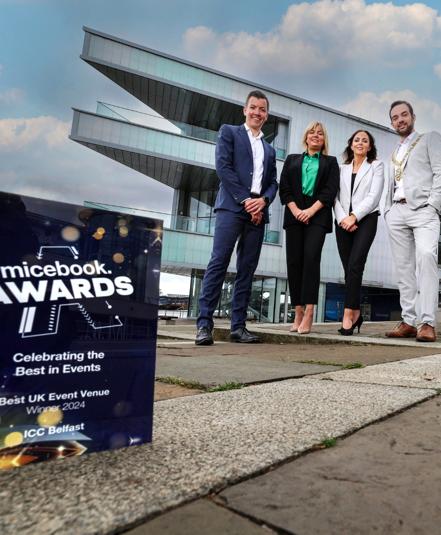 Charlie McCloskey, Nikki Paterson, Rachael McGuickin and the Lord Mayor of Belfast posed outside ICC Belfast with micebook Award.