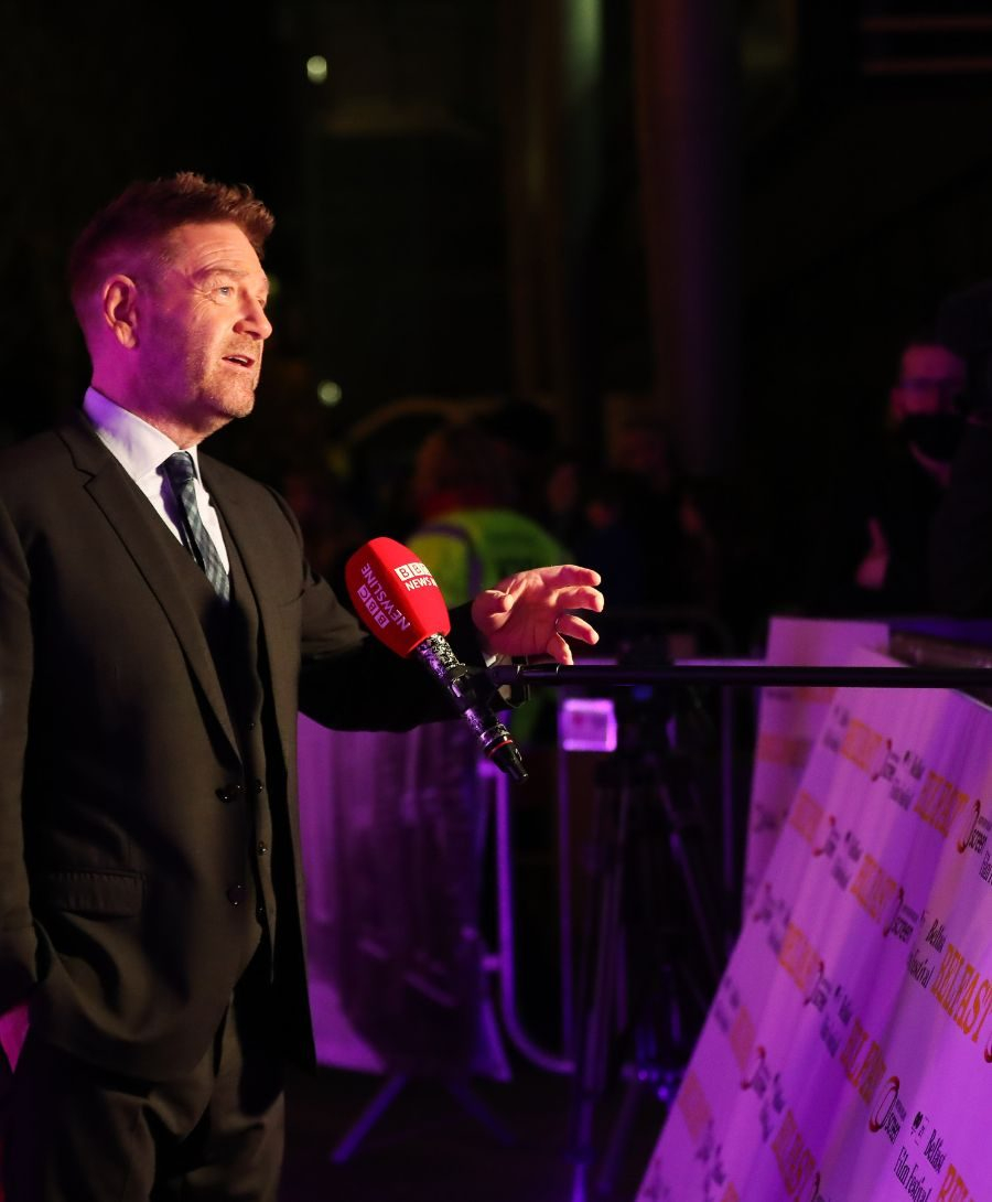 Kenneth Branagh, Director of Belfast film, speaks to reporters outside the Waterfront Hall ahead of the premiere of Belfast movie