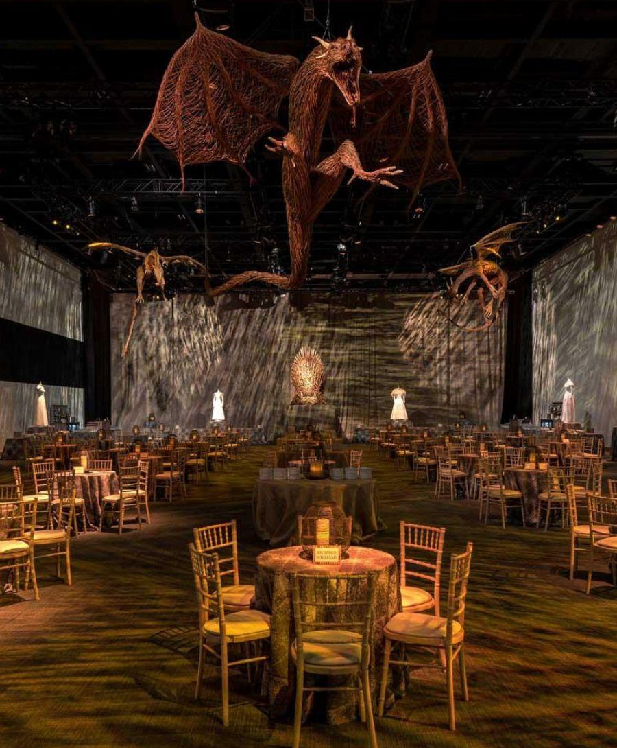 Dragons hang from the ceiling in Hall 1 at the premiere of the final HBO series of Game of Thrones
