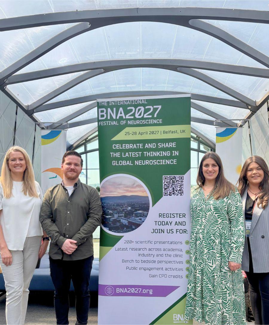 Laura O'Kane, Phil Adair and Jessica Mooney from ICC Belfast smile for picture to mark the BNA Conference coming to Belfast in 2027 alongside, BNA Chief Executive, Laura Ajram