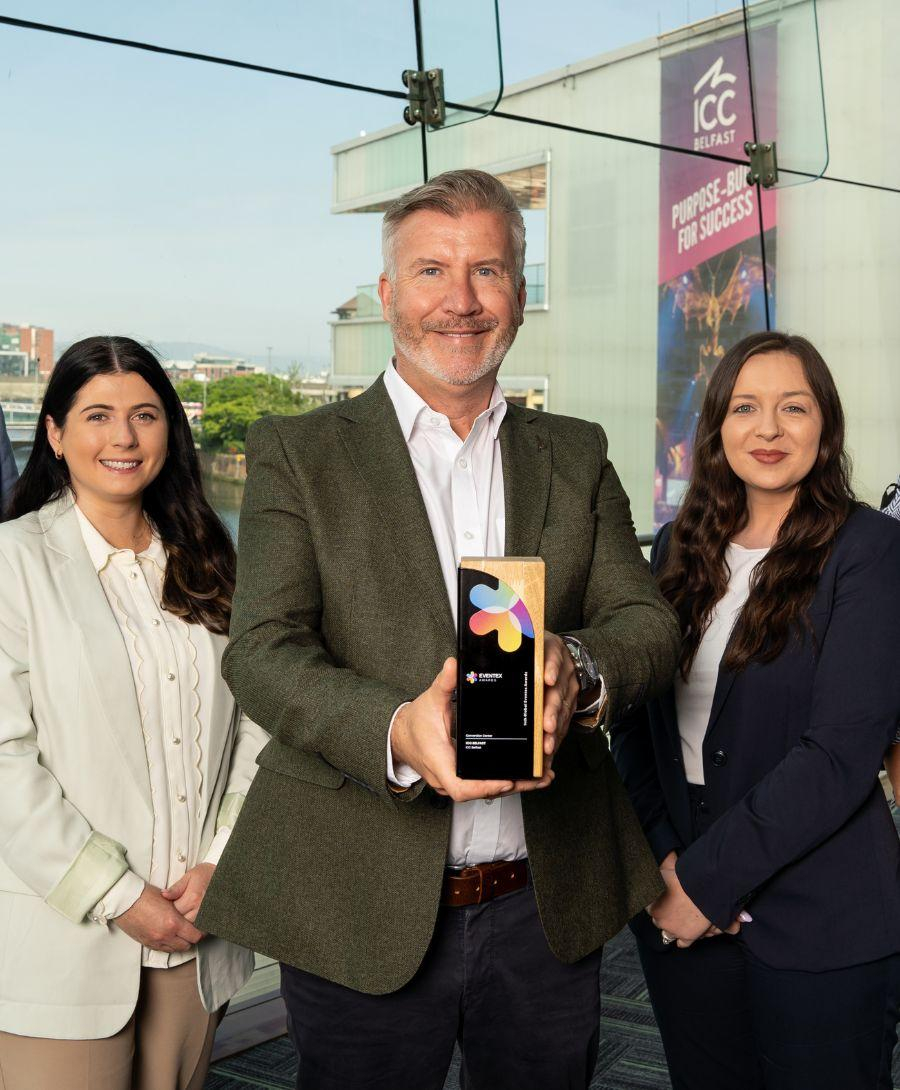 ICC Belfast representative smile for press image to celebrate Platinum Eventex Awards win