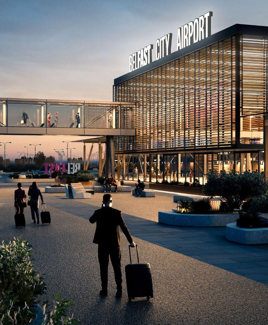 Illustration of a new building with a bridge going into the top floor and the signage labelled Belfast City Airport on the top of the building