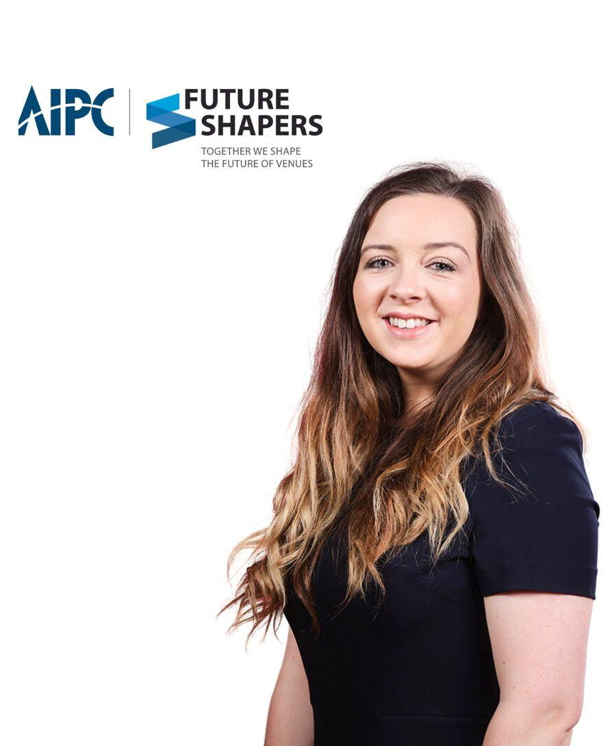 This image shows Laurel Gray on a white background beside text which reads 'AIPC Future Shapers - Together we shape the future of venues.'