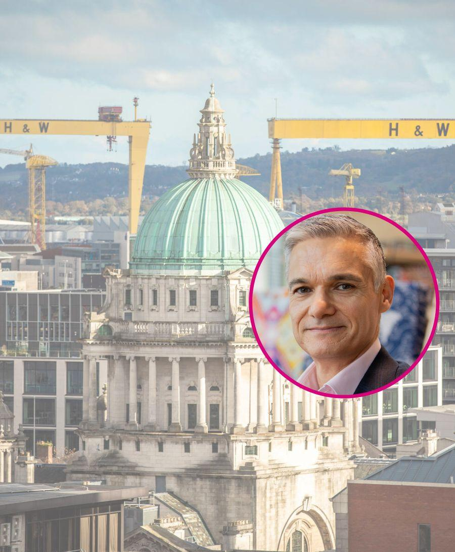 Image displays Scenic view of Belfast city with a circular, close up cut out of Brian Falzon in front, with a pink border