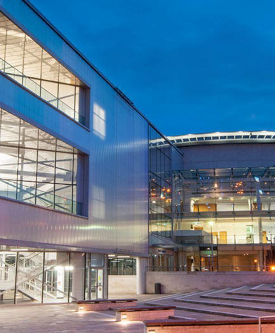 ICC Belfast exterior at dusk