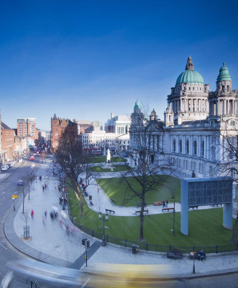 Aerial view of side of Belfast City Hall overlooking Donegall Square