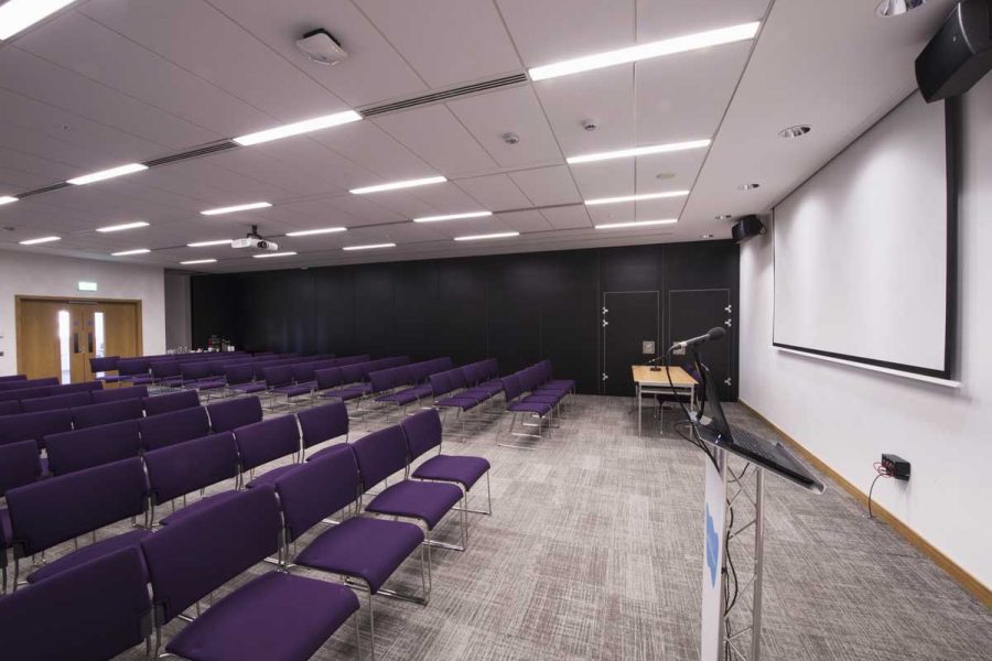 Meeting Room 2 with microphone and lectern in a theatre style set up