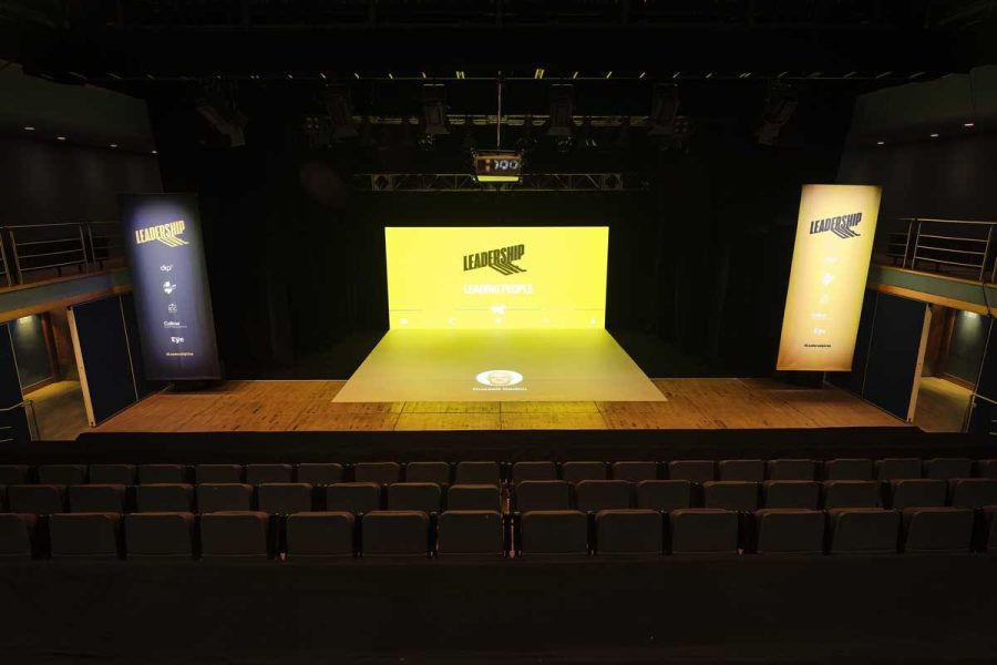Waterfront Hall, studio theatre, balcony view of stage with yellow backdrop