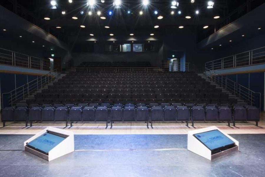 Waterfront Hall studio space, stage view of tiered theatre style seats