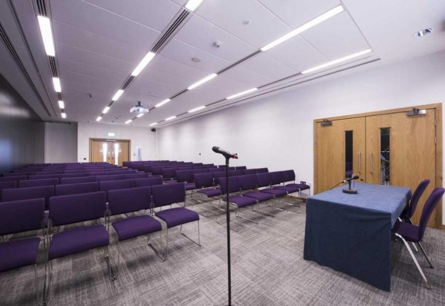 Picture shows ICC Belfast, meeting room two theatre style room with purple chairs