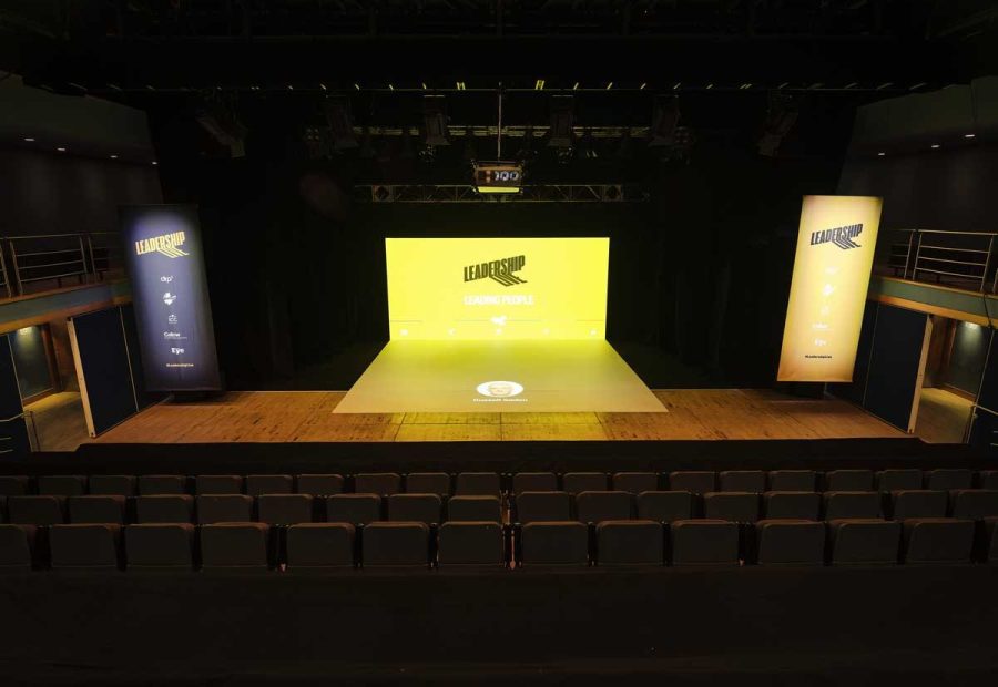 Waterfront Hall, studio theatre, balcony view of stage with yellow backdrop