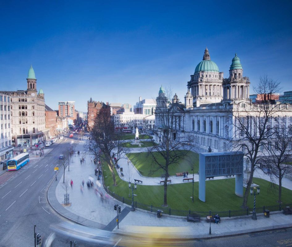 Aerial view of side of Belfast City Hall overlooking Donegall Square