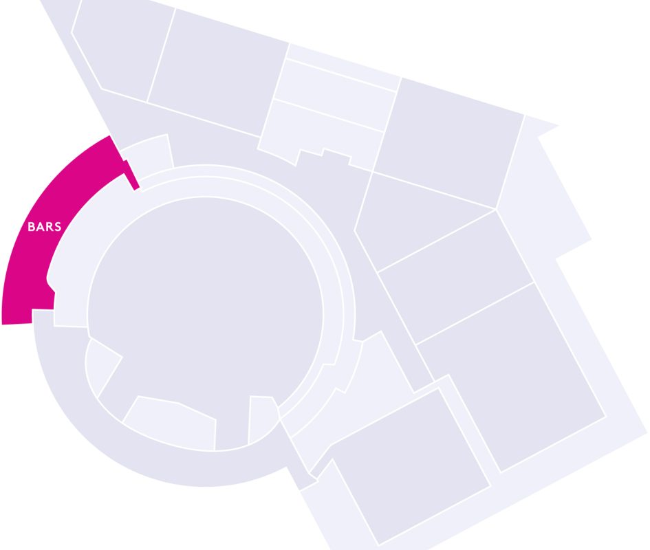The illustration depicts the floor plan of ICC Belfast with multiple pink semi-circles highlighting the Bars event spaces