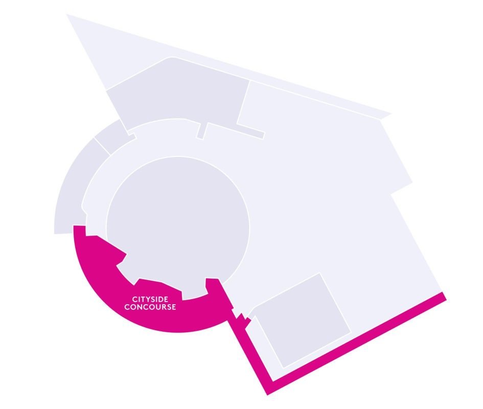 The illustration depicts the floor plan of ICC Belfast with mulitple pink boxes highlighting the Cityside Concourse event spaces